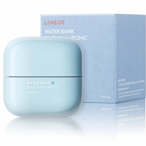 En liten, lys blå krukke og matchende eske for Laneige Water Bank Blue Hyaluronic Cream.