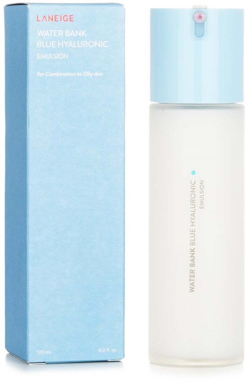 Een huidverzorgingsproduct genaamd Laneige Water Bank Blue Hyaluronic Emulsion met een lichtblauwe fles en bijpassend doosje.