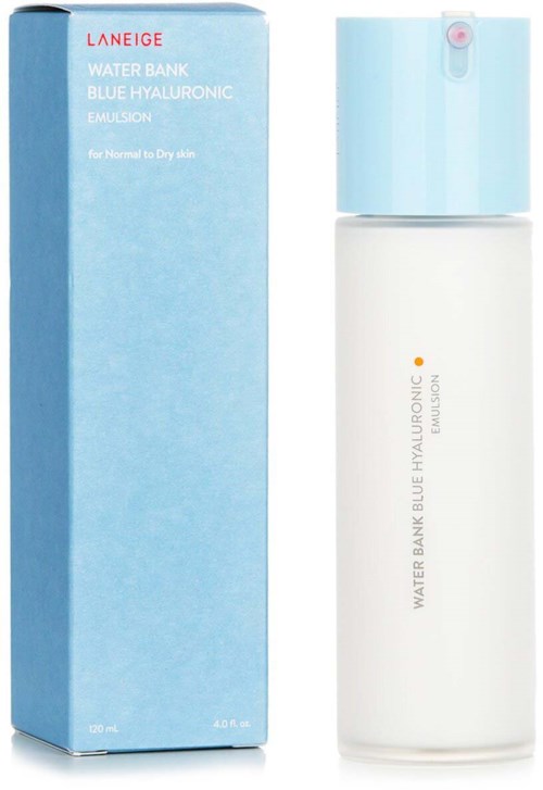 Een huidverzorgingsfles en doos met label Laneige Water Bank Blue Hyaluronic Emulsion voor normale tot droge huid.