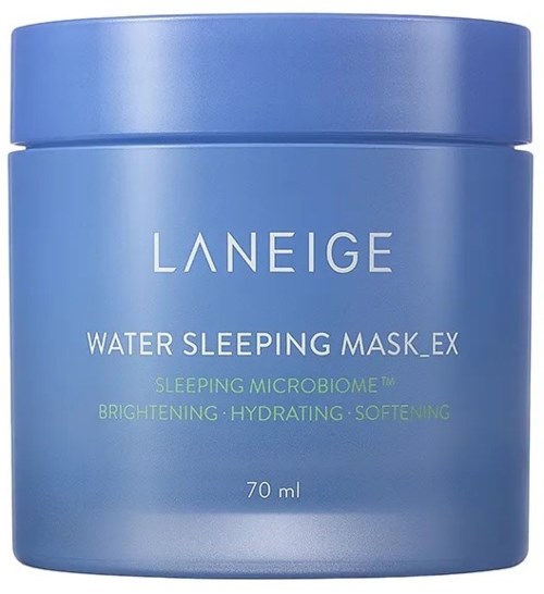 Een blauwe pot met deksel, genaamd Laneige Water Sleeping Mask EX, voor verheldering en hydratatie, 70 ml.