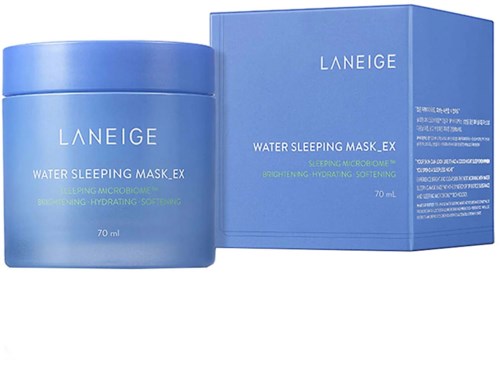 Een blauwe pot en doos van Laneige Water Sleeping Mask, met productnaam en beschrijving op label.