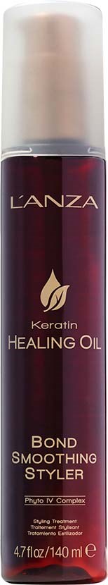 Tummansininen pullo, jonka merkki on 'LANZA Keratin Healing Oil' ja 'Bond Smoothing Styler' ja siinä on vaalea korkki.