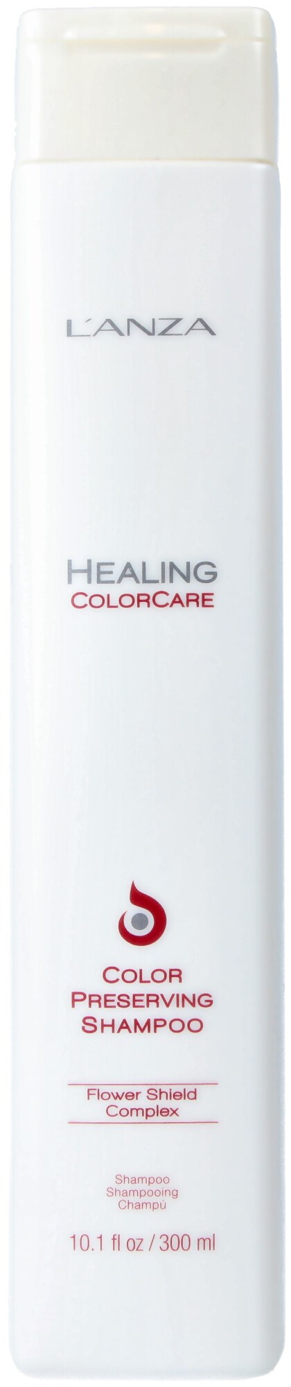 Een witte shampoo-flacon met rode en zwarte tekst, gelabeld 'Lanza Healing Colorcare' en bedoeld voor kleurbehoud.