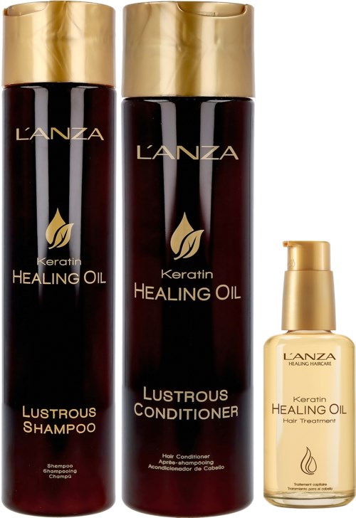Två flaskor L'Anza Keratin Healing Oil för hår och en mindre flaska för hårbehandling.