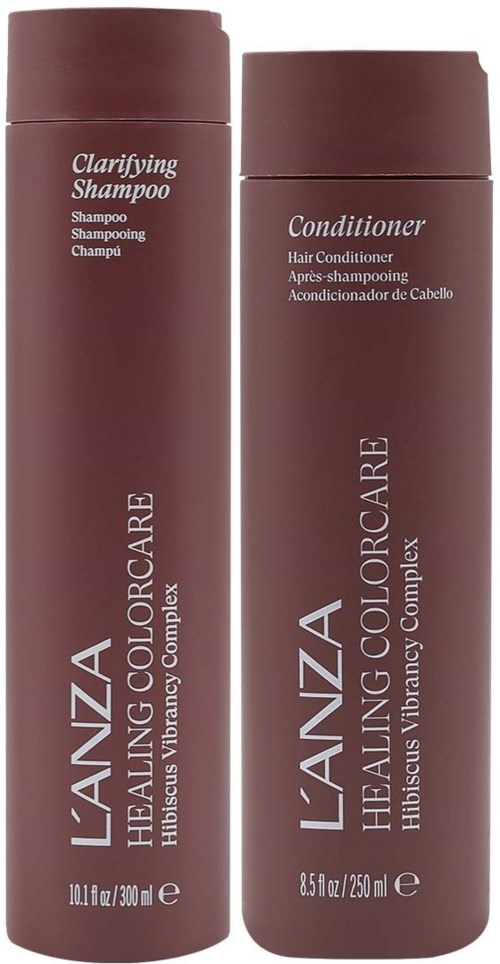 Twee bruine flessen van L'anza haarverzorging: een voor clarifying shampoo, een voor conditioner, met witte tekst en eenvoudig ontwerp.