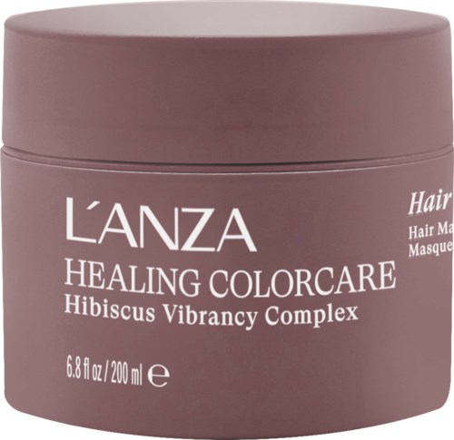 Ein rosaer Behälter mit der Aufschrift 'L'ANZA HEALING COLORCARE Hibiscus Vibrancy Complex' und Produktdetails.
