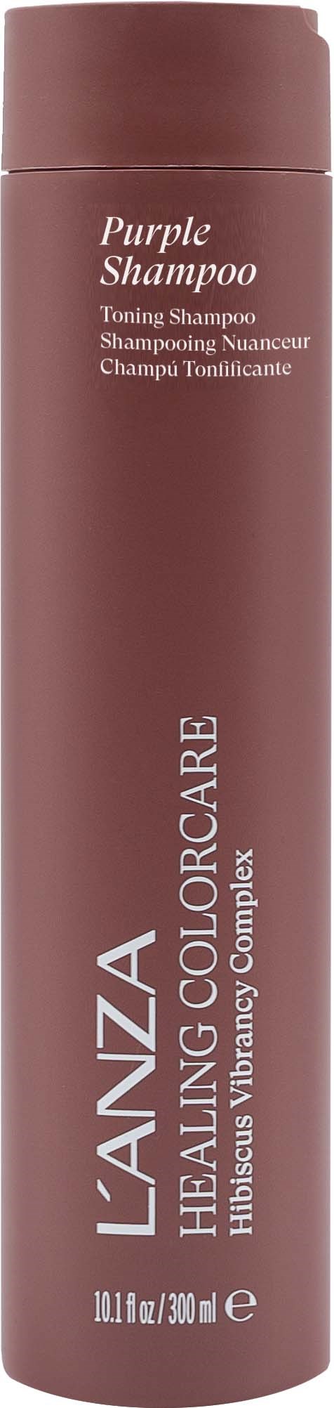 Eine lange, lila Flasche mit dem Label 'L'ANZA Healing ColorCare'. Es ist ein Tönungs-Shampoo für Haare. Die Flasche enthält 10,1 Fl oz.