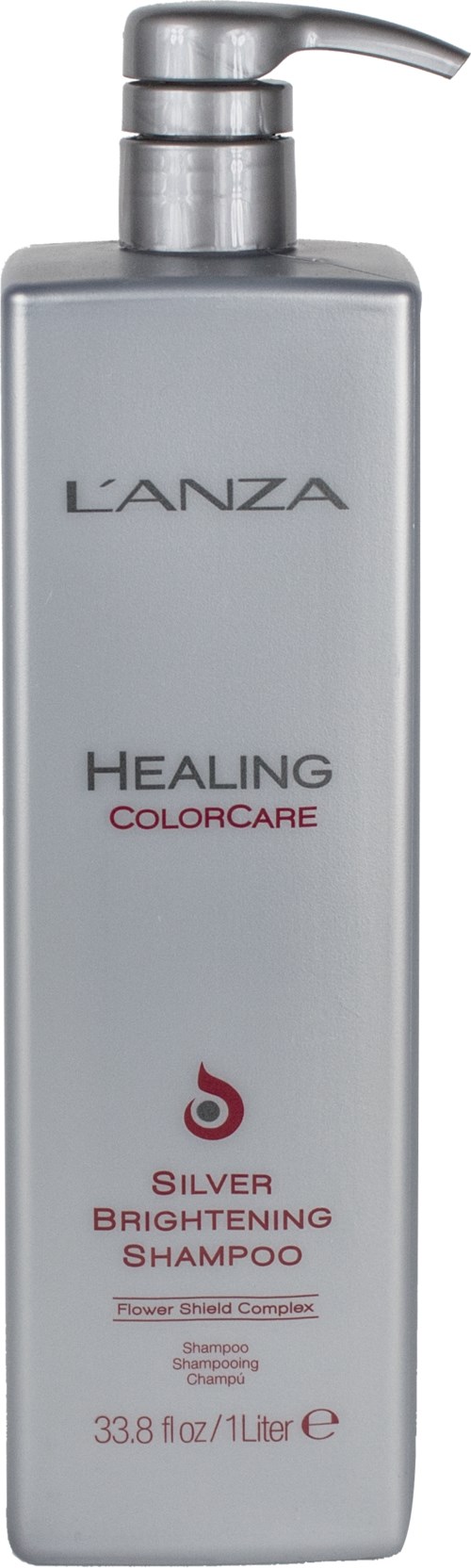 En silverfärgad flaska av Lanza Healing Colorcare Silver Brightening Shampoo med pump.