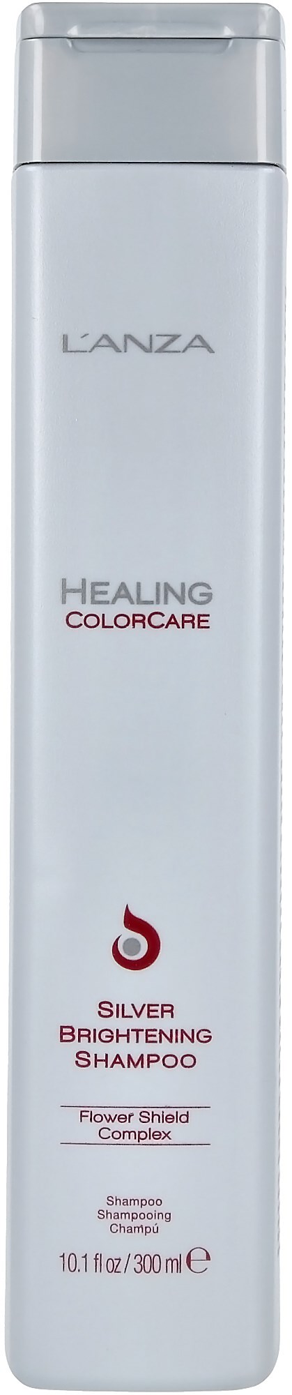 Pitkä, valkoinen shampootölkki, jossa lukee 'L'ANZA Healing Colorcare Silver Brightening Shampoo.'