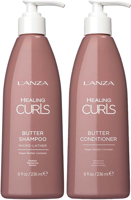 Twee flesjes L'ANZA Healing Curls haarproducten, één boter-shampoo, één boter-conditioner, met pompdop.