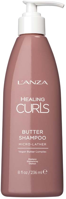 Roze fles van L'ANZA Healing Curls Butter Shampoo voor krullend haar, met pomp en 8 fl oz.