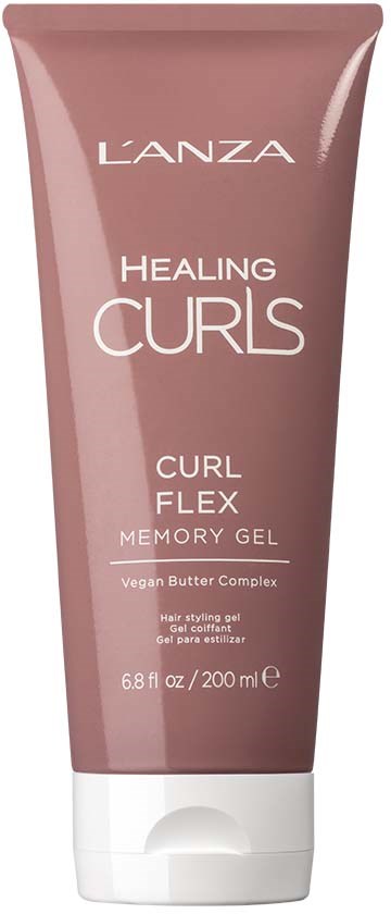 Eine rosa Tube mit L'ANZA Healing Curls Curl Flex Memory Gel, 200 ml, für Lockenstyling mit veganer Butter.