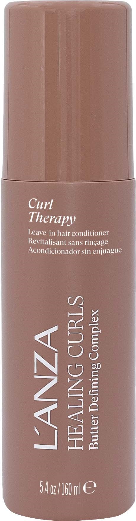 Een bruine verpakking met LANZA Healing Curls Curl Therapy leave-in haarverzorging.