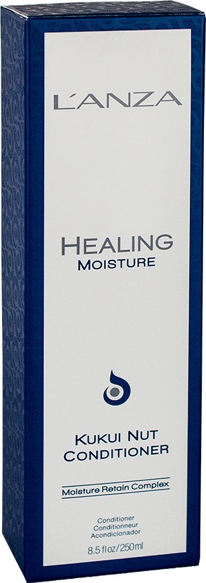 Een lange blauwe en witte doos met L'ANZA Healing Moisture Kukui Nut Conditioner. Het vermeldt vochtretentie en bevat 8,5 oz.
