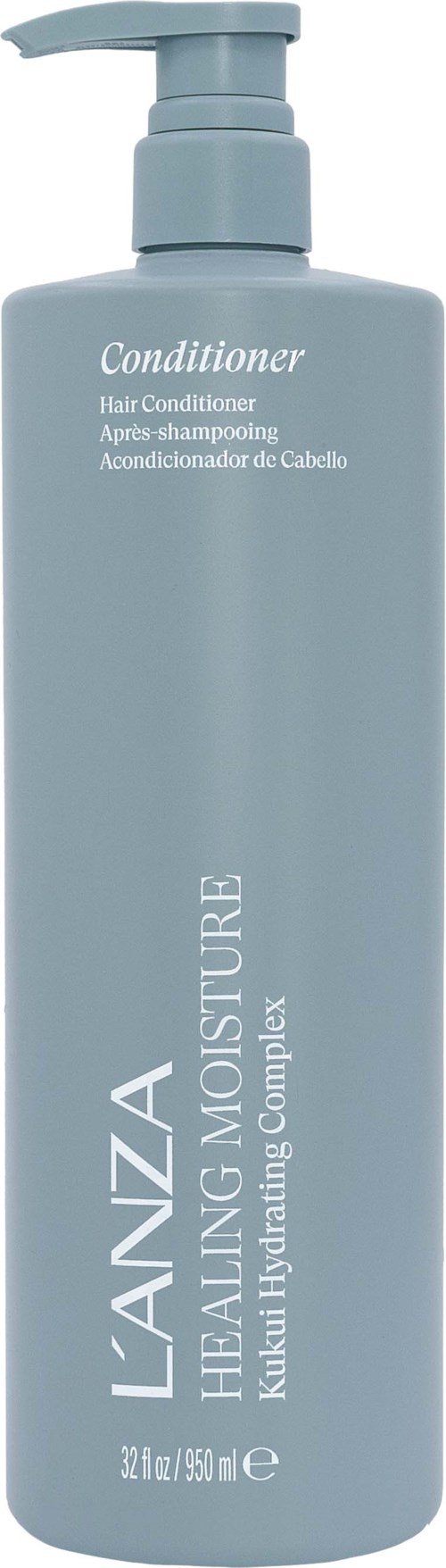 Een lange, blauwe fles haarconditioner met pomp, met label 'Lanza Healing Moisture' en 'Ultra Nourishing Complex.'