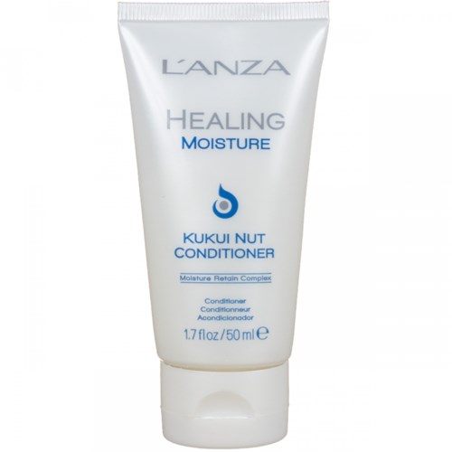 En vit tub med L'ANZA Healing Moisture Kukui Nut Conditioner med blå text, för hårrubbing.