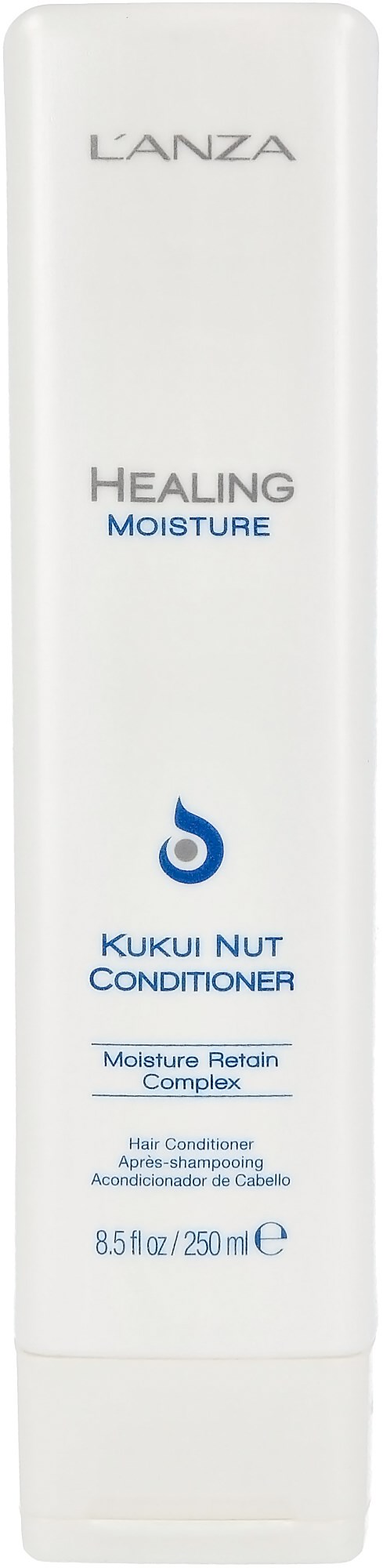 Een witte fles met de tekst 'L'ANZA Healing Moisture Kukui Nut Conditioner' met blauwe tekst en logo.