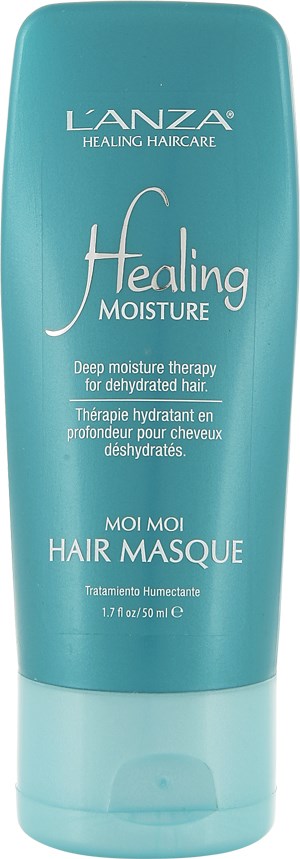 En blå flaska L'ANZA Healing Moisture Hair Masque för djup fukterapi. Den är för torrt hår.