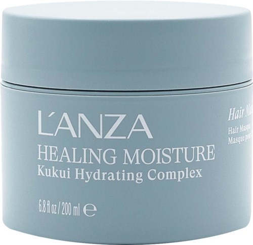 A light blue container of L'ANZA Healing Moisture Kukui Hydrating Complex hair mask.