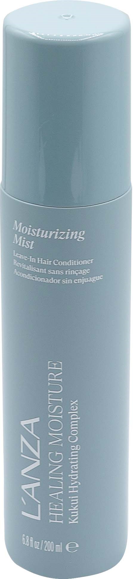 Een lange, lichtblauwe cilindervormige fles met 'L'ANZA Healing Moisture' voor haarverzorging, met dop.