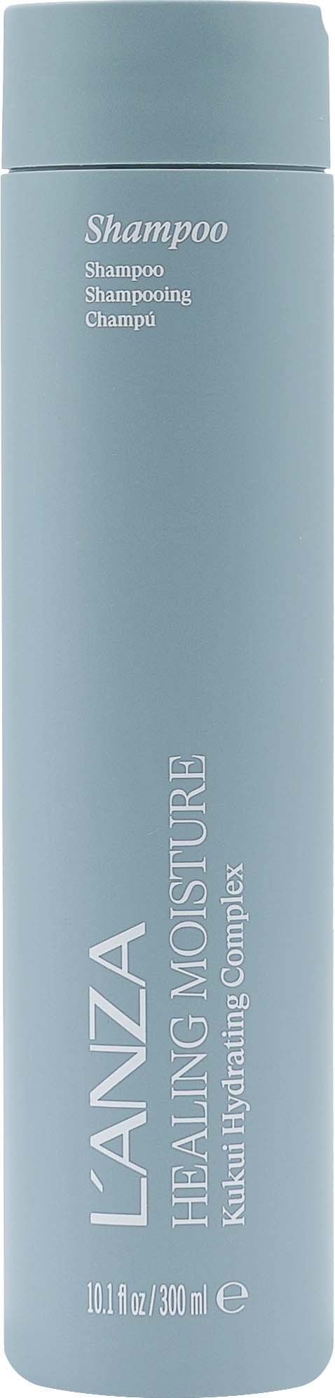 A tall, light blue bottle labeled L'ANZA Healing Moisture shampoo, with a simple design and white text.