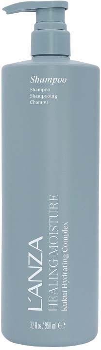 Een lange lichtblauwe shampoo fles met pomp, gemarkeerd L'ANZA HEALING MOISTURE, hydrate shampoo, 32 fl oz.