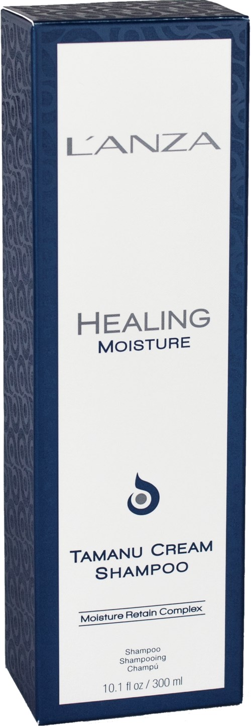 En blå och vit box av L'ANZA Healing Moisture Tamaru Cream Shampoo med text och logo.