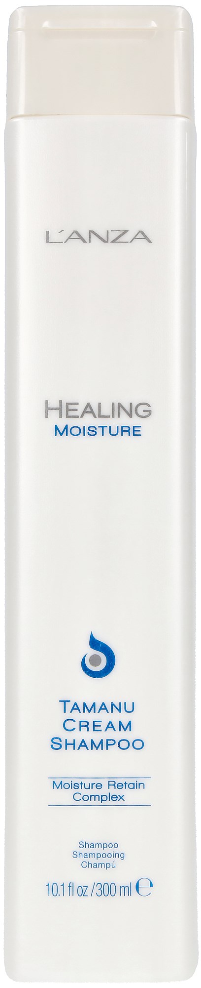 En lång vit flaska märkt 'L'ANZA Healing Moisture Tamanu Cream Shampoo' med lock och blå och svart text.