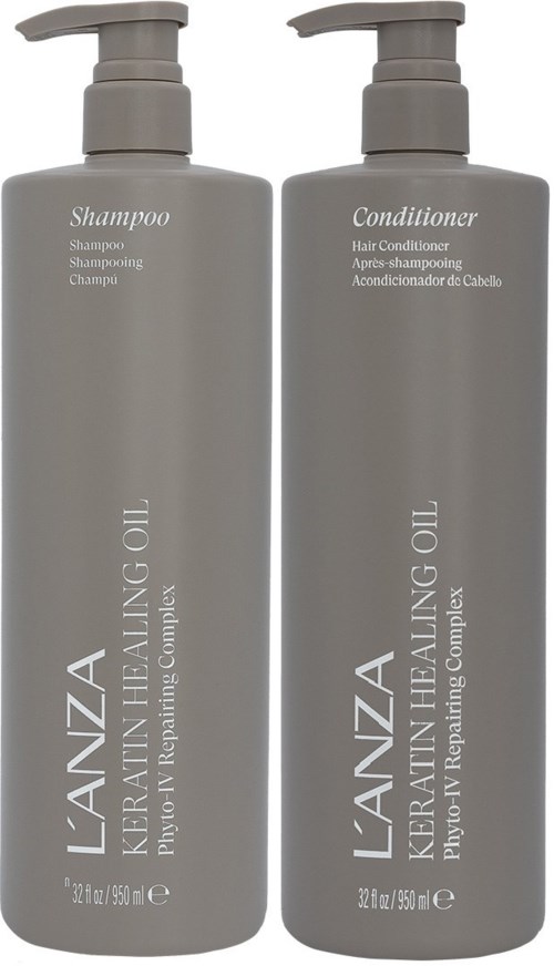 Two gray bottles, one for shampoo and one for conditioner, with pump tops and white labels, standing side by side.