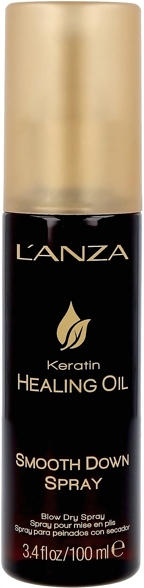 Een zwarte fles met goudkleurige dop, met 'L'ANZA' en 'Keratin Healing Oil' voor haar. Het is een spray om het haar glad te maken.