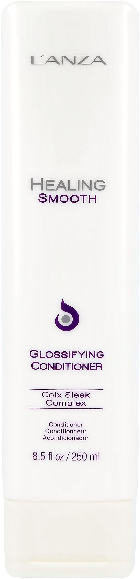 En vit flaska märkt 'L'ANZA Healing Smooth Glossifying Conditioner,' 8,5 oz, med lila text och logo.