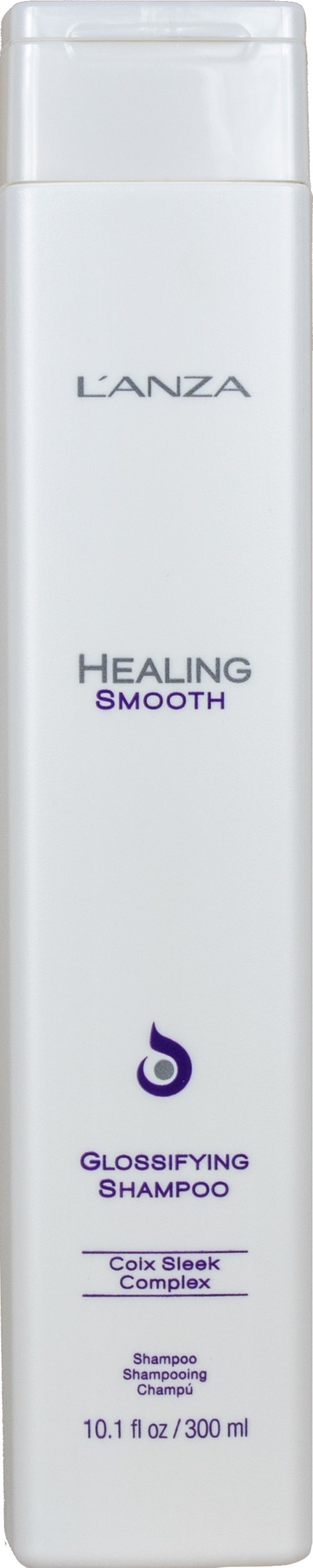 En vit schampoflaska med svart och lila text, märkt "L'ANZA" och "Healing Smooth."