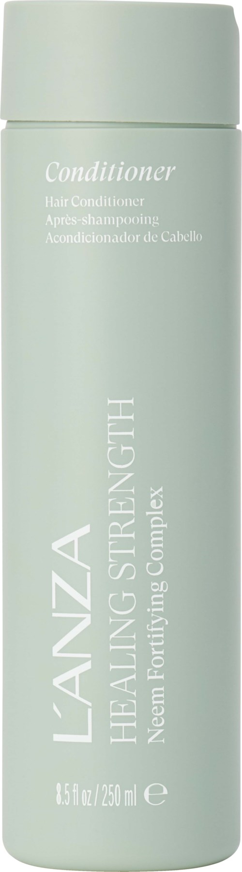 Eine hellgrüne Flasche mit L'ANZA Healing Strength Conditioner mit weißen Text, 250 ml.