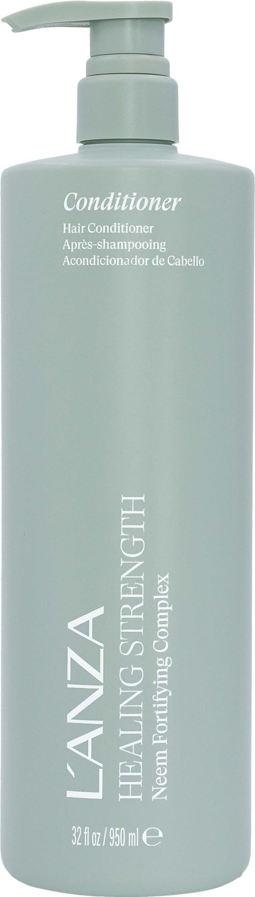 Een lichtblauwe fles met een pomp, gemarkeerd als haarconditioner door L'ANZA voor versterking en herstel.