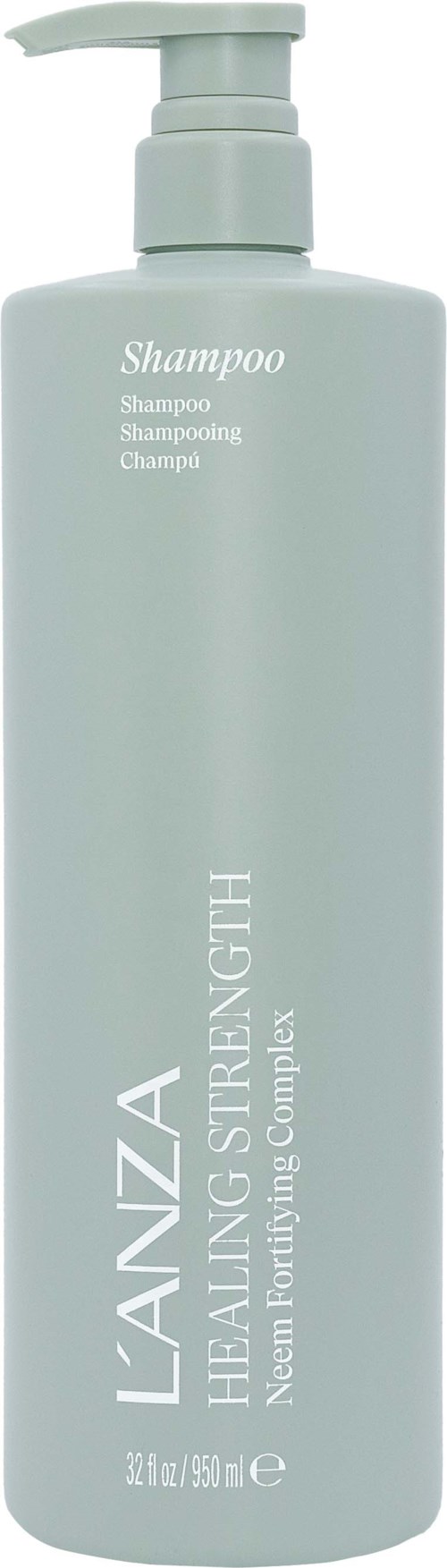 Een lichtgroene fles shampoo met pomp, gemarkeerd als kalmerend voor haar en hoofdhuid.
