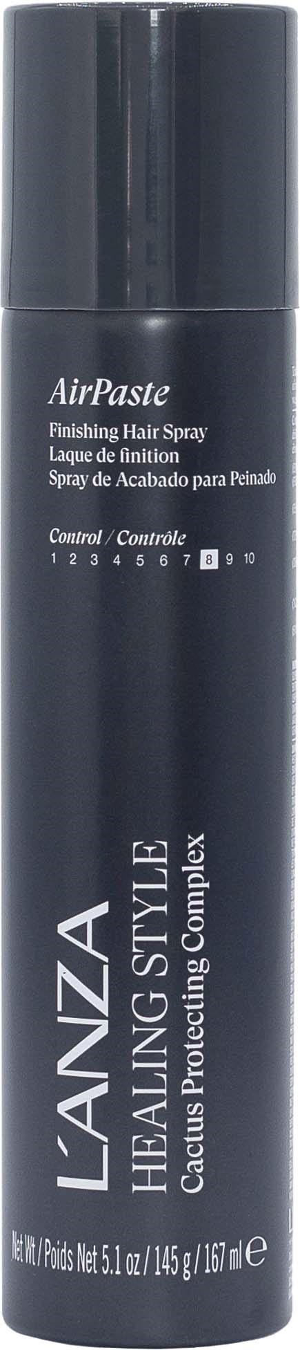 A can of Lanz HL Styling AirPaste hair spray with control level 6, in a dark blue container.