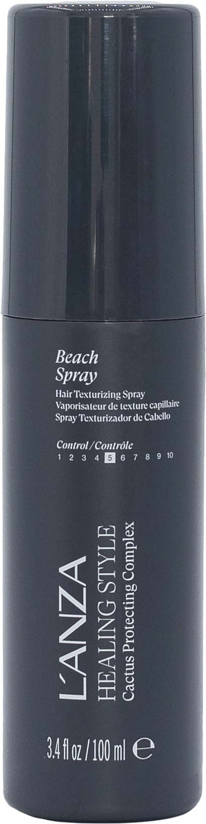 Een zwarte sprayfles met witte tekst, gemarkeerd als L'ANZA Healing Style Beach Spray voor haar.