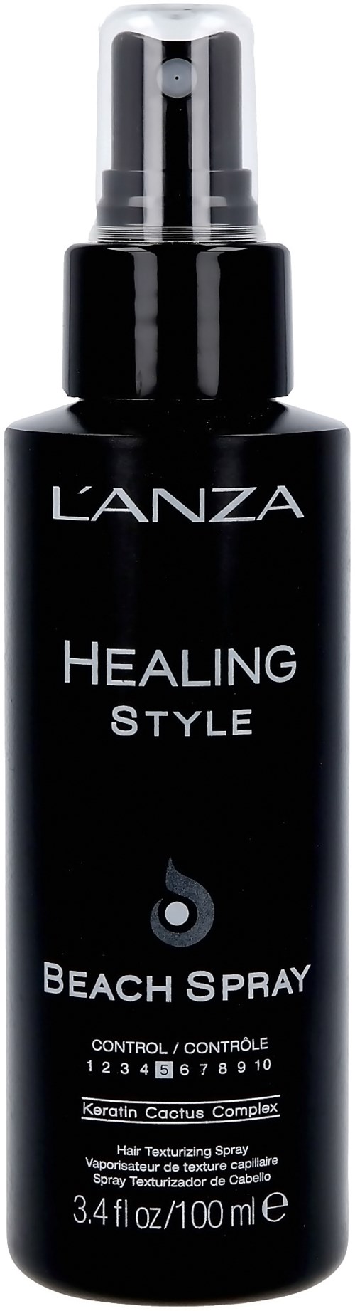 Svart sprayflaska med vit text, märkt "L'ANZA HEALING STYLE BEACH SPRAY" och en nummerskala.