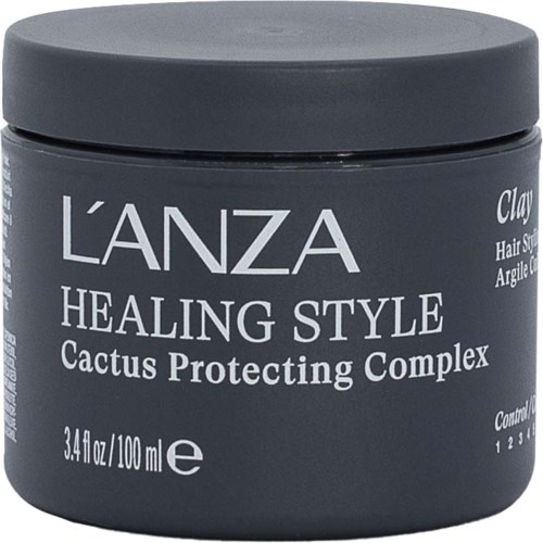 Ein dunkelgrauer Behälter mit L'ANZA Healing Style Haarprodukt, Deckel, zeigt Produktdetails und Größe.