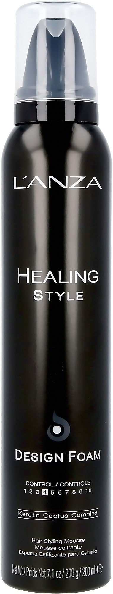 Een zwart cilindervormig blik met doorzichtige dop, met label 'L'ANZA HEALING STYLE DESIGN FOAM'.