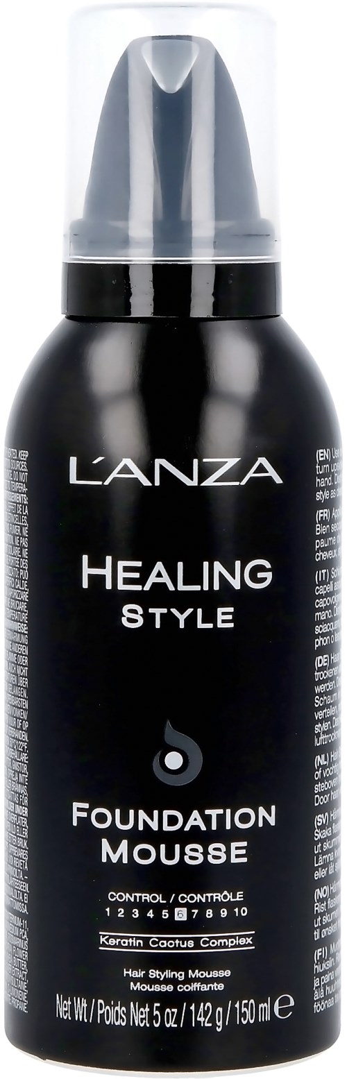 Een zwart flesje van L'Anza Healing Style Foundation Mousse met doorzichtige dop, productlabel en instructies.