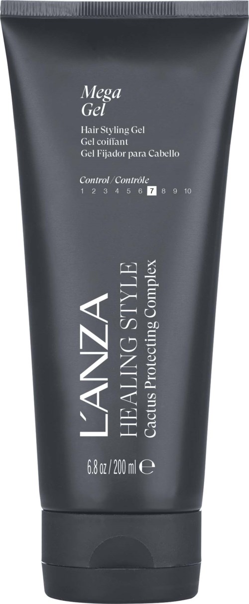 Zwarte tube met witte tekst 'Lanza' voor haargel, 200 ml. Voor haarcontrole.