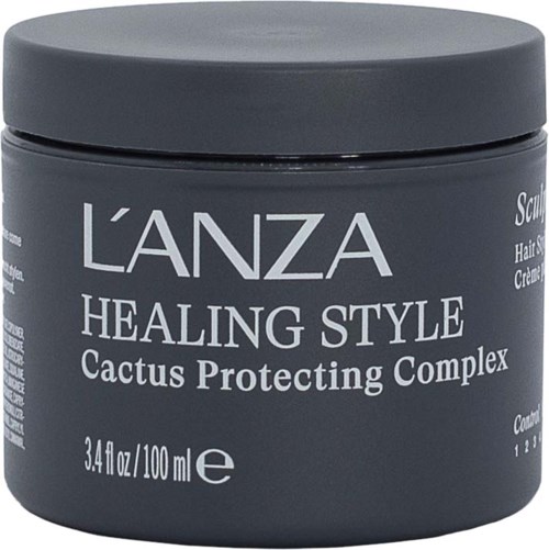 Donkere grijze container van L'ANZA Healing Style met cactussbeschermend complex voor haarverzorging.