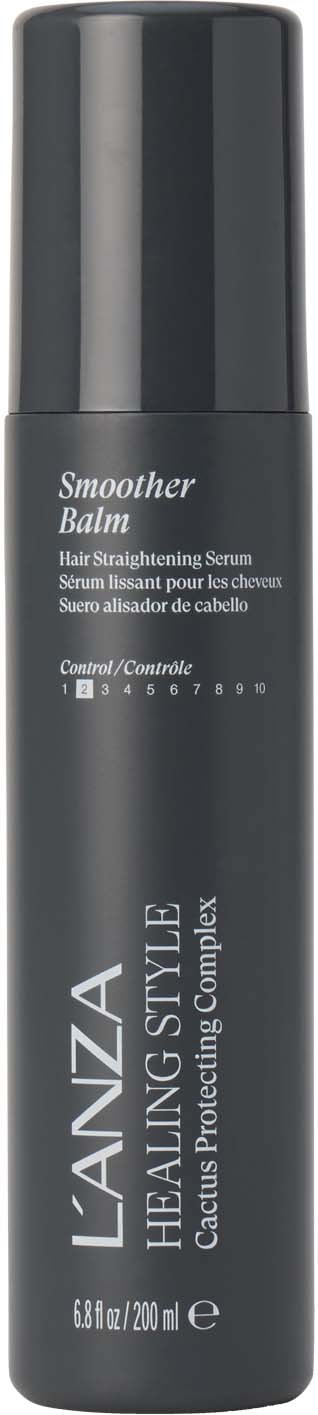 A black bottle of L"Anza hair smoothing serum with a silver cap and white text, designed for controlling hair frizz.