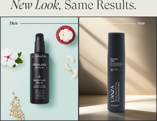 Comparison of Lanza Healing Style Balm packaging before and after use, showing product in black bottle with label.