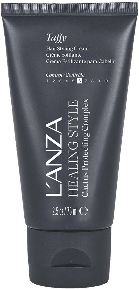 Det är ett grått rör av hårstylingskräm med namnet L'ANZA, med orden Taffy, control och cactus porcelain complex.