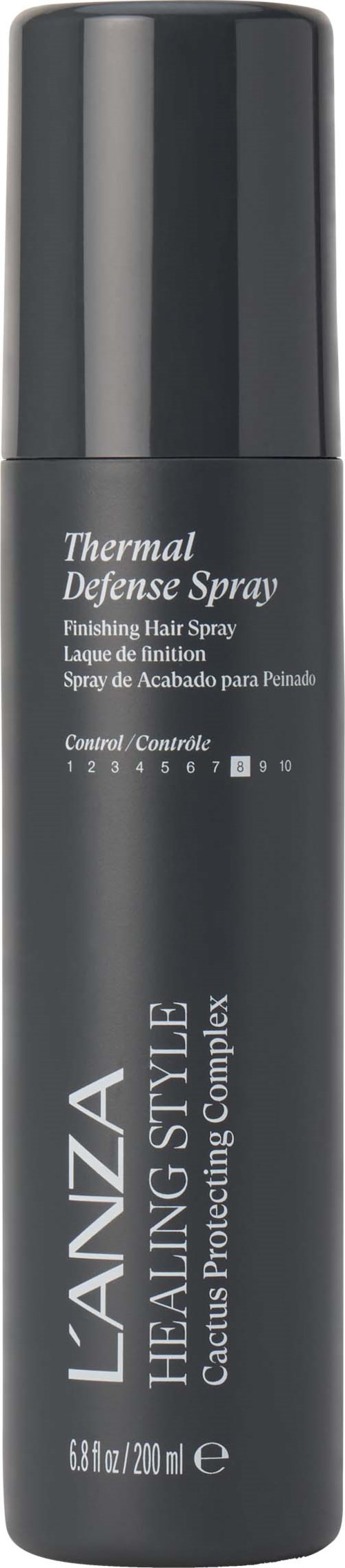 En mørkgrå sprayflaske merket Laanza Thermal Defense Spray for hårfinish, 200 ml.