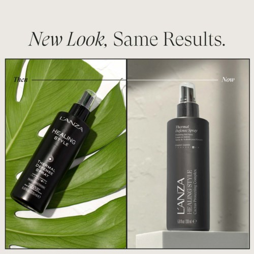 Sammenligning av Lanza Healing Style Thermal Defense Spray før og etter oppdatering av emballasje, med samme fordeler.