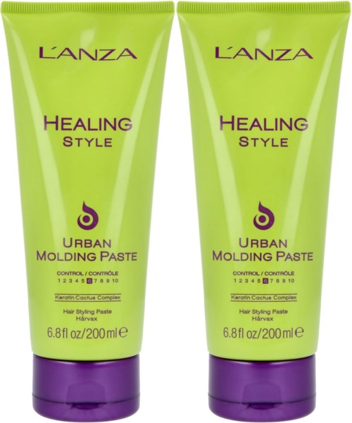 Zwei grüne Tuben von Lanza Healing Style Urban Molding Paste mit lila Deckel, jeweils 6,8 fl oz, für Haarschnitt.