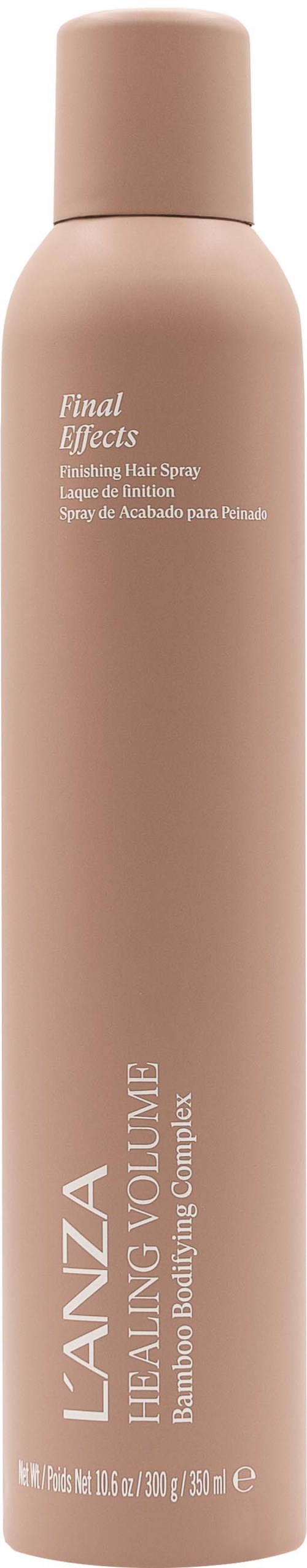 En lång, beige flaska märkt 'Lanza Healer Volume' med lock, troligen ett hårvårdsprodukt eller spray.